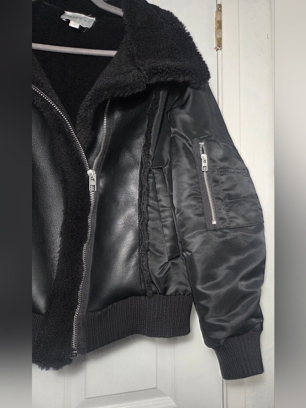 Jason Wu Women's Faux Leather Sherpa Aviator Bomber Jacket Black Size Large - Picture 3 of 11